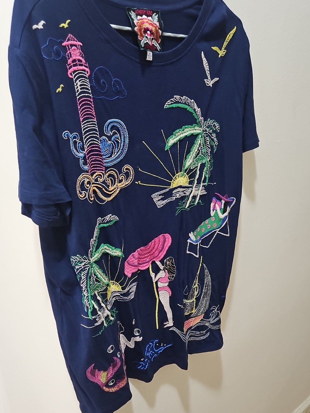 Johnny Was Navy Short-Sleeve Kids Tee with Colorful Beach Embroidery